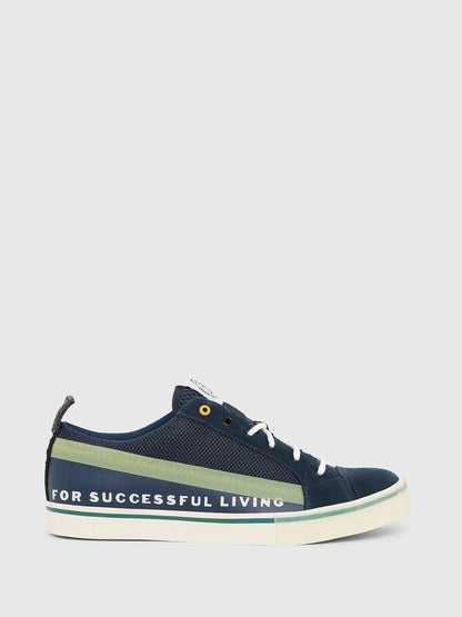 Diesel low-top sneakers in dark blue with green stripe and white rubber sole