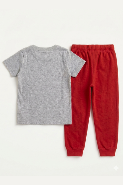 BABYSHOP toddler gray plain T-shirt with red joggers, flat lay back view