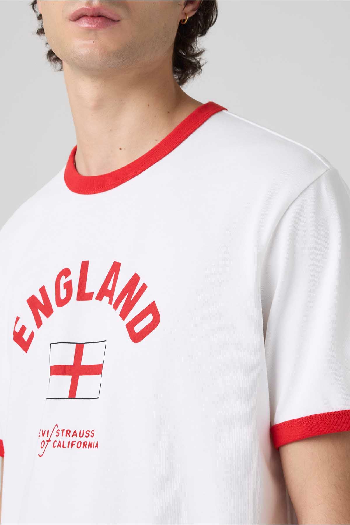 Levi's white T-shirt close-up with red neckline and England text graphic