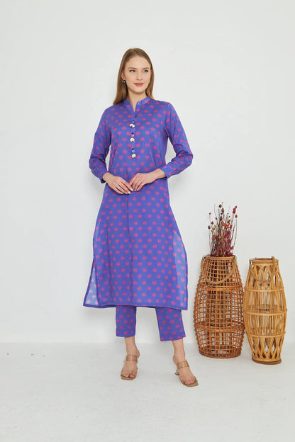 Dhaga long kurta, royal blue with pink motifs, button placket, long sleeves