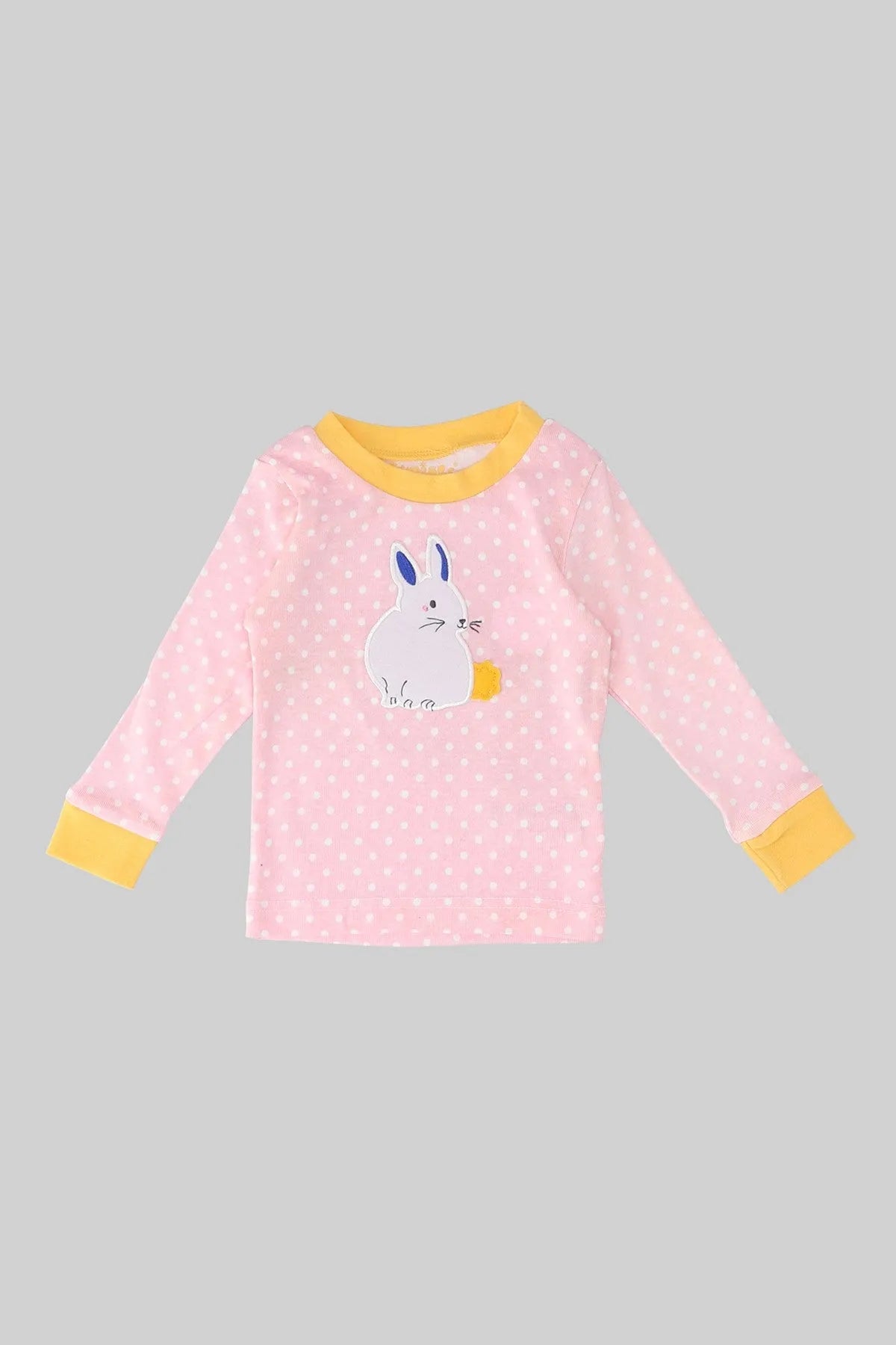 Baby pajama top: pink long-sleeve with rabbit graphic and yellow cuffs