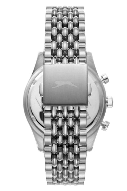 Silver chronograph wristwatch front close-up with metal link bracelet and side pushers