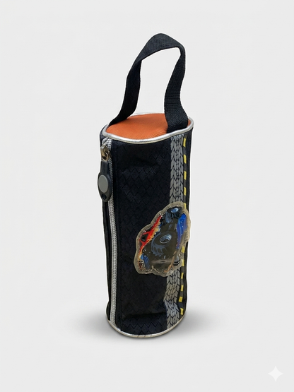 Cylindrical bottle holder with strap and orange opening, yellow trim, and robot patch detail