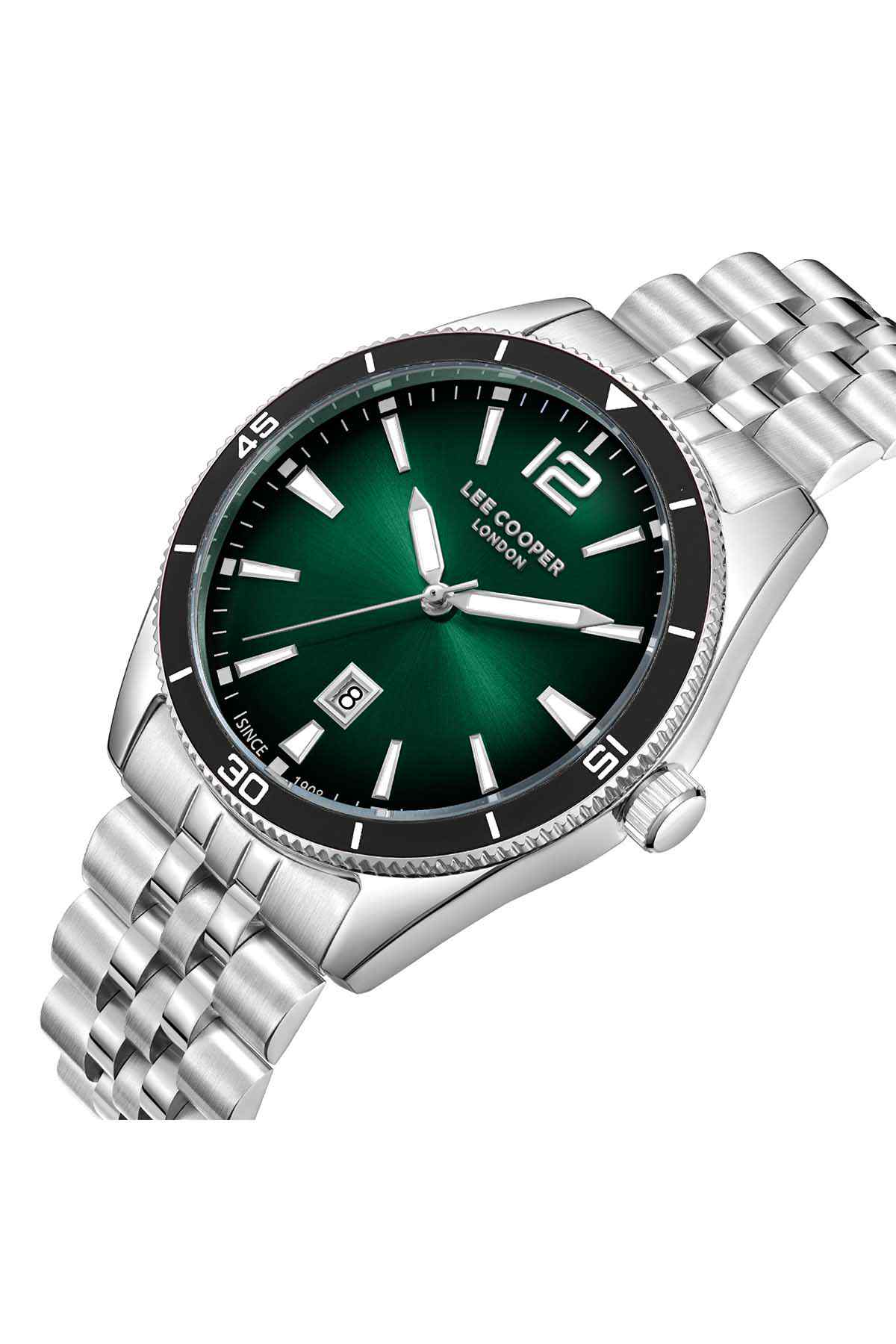 Lee Cooper green dial stainless steel watch with silver bracelet, angled view