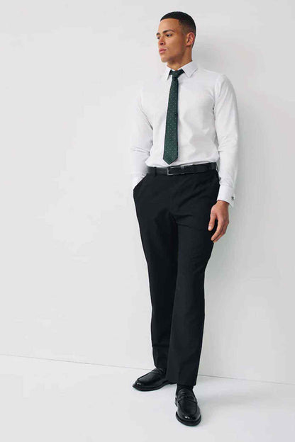 White dress shirt with long sleeves, button-front, and turned-down collar