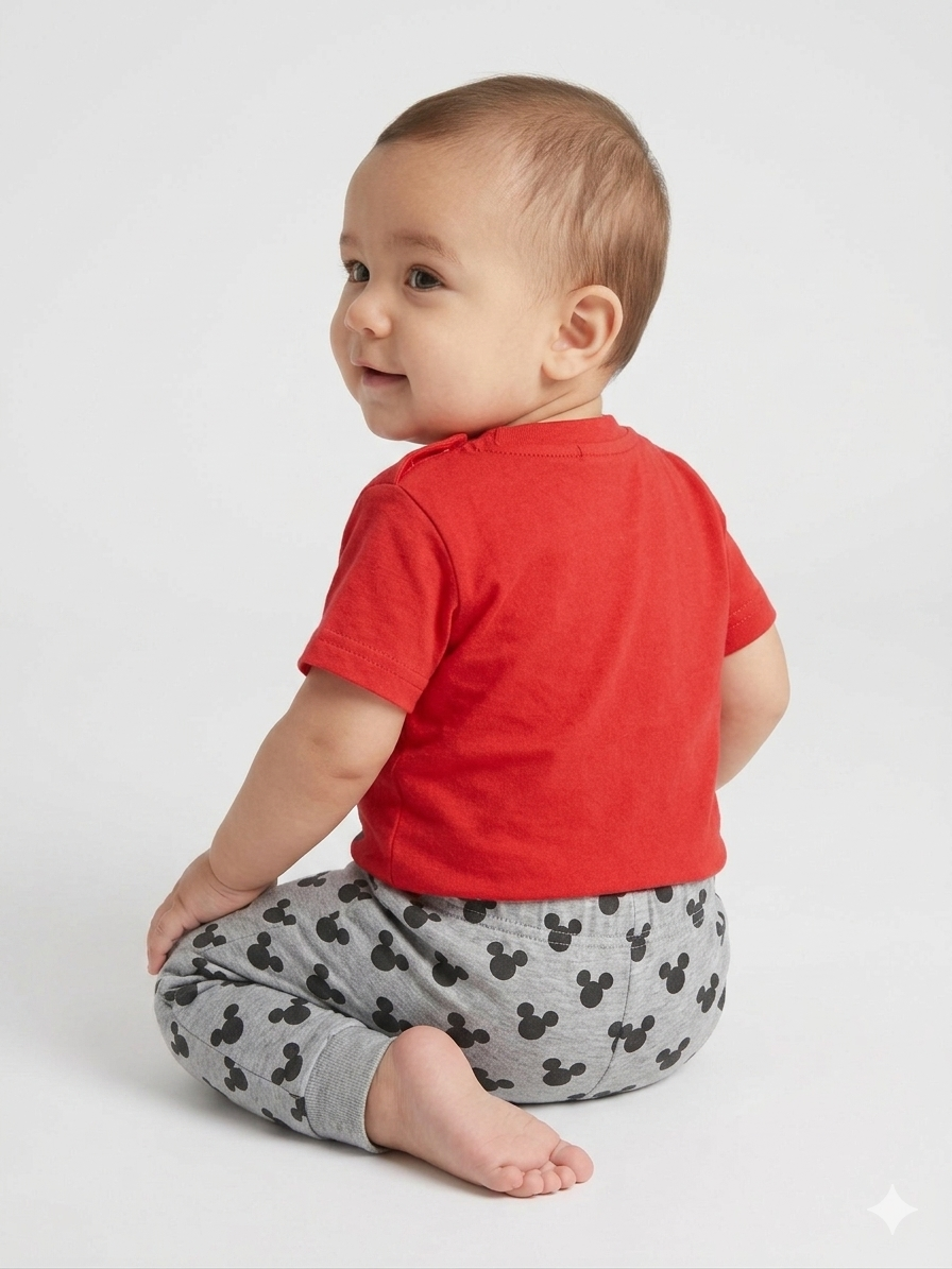 Red baby T-shirt and grey Mickey patterned pants set, side view