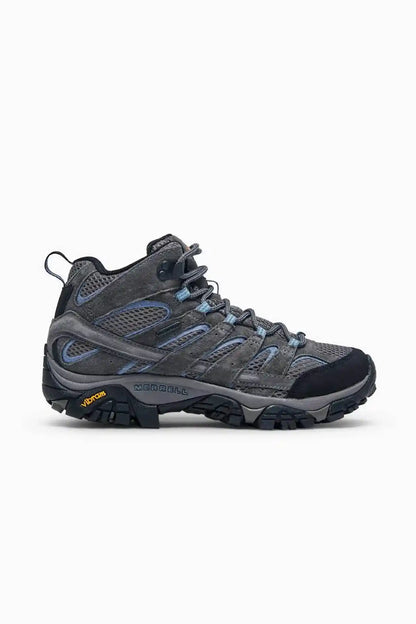Merrell granite hiking shoe with blue laces and mesh panels, side view
