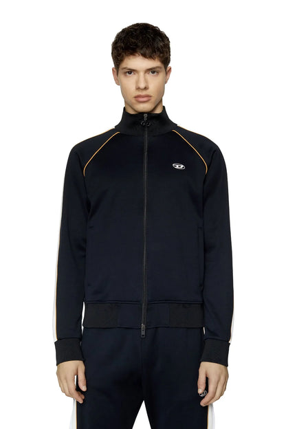 Diesel black zip track jacket with stand collar and orange piping, front view
