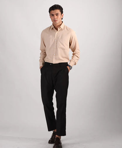 Beige fitted button-up dress shirt with long sleeves and point collar
