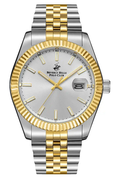 Two-tone gold and silver metal wristwatch with white dial and three-hand face