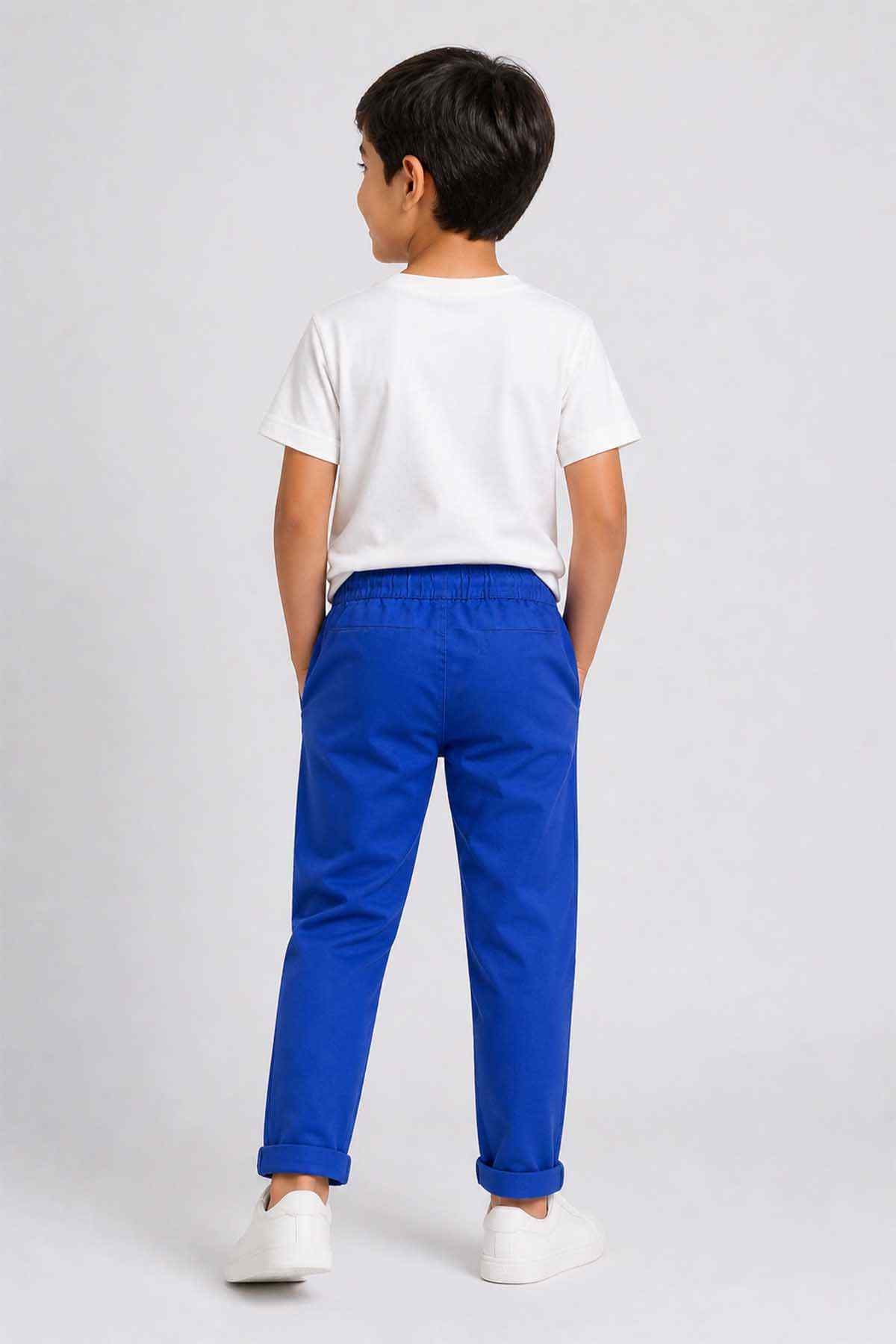 Blue toddler pants with drawstring waist and cuffed ankle hems, back view