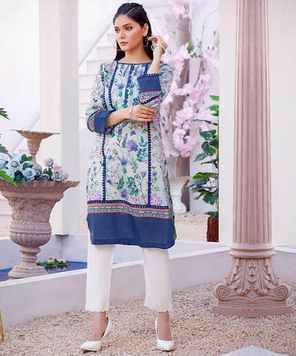 Fiona floral tunic dress with blue panel and long sleeves, front view