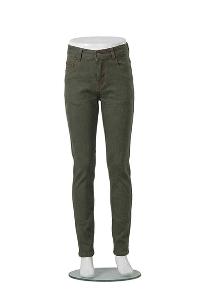 Light olive green denim jeans, front view, belt loops, tapered legs, five pockets