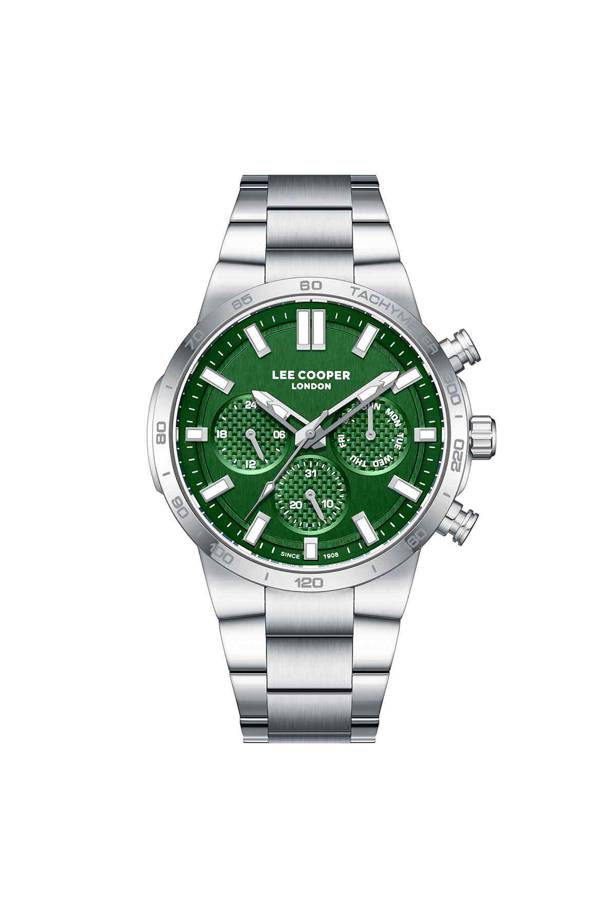 Lee Cooper silver wristwatch with green dial and chronograph subdials