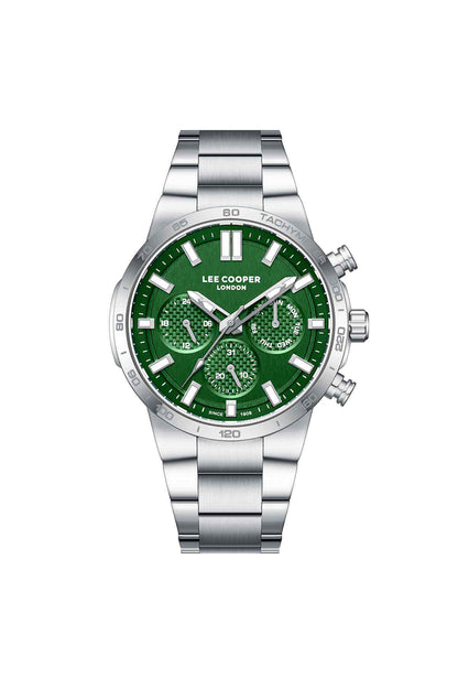 Lee Cooper silver wristwatch with green dial and chronograph subdials
