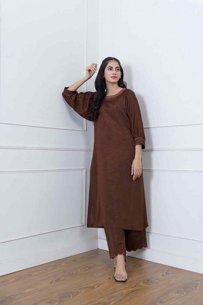 Velour brown long tunic dress, embroidered collar and decorative cuffs, straight cut