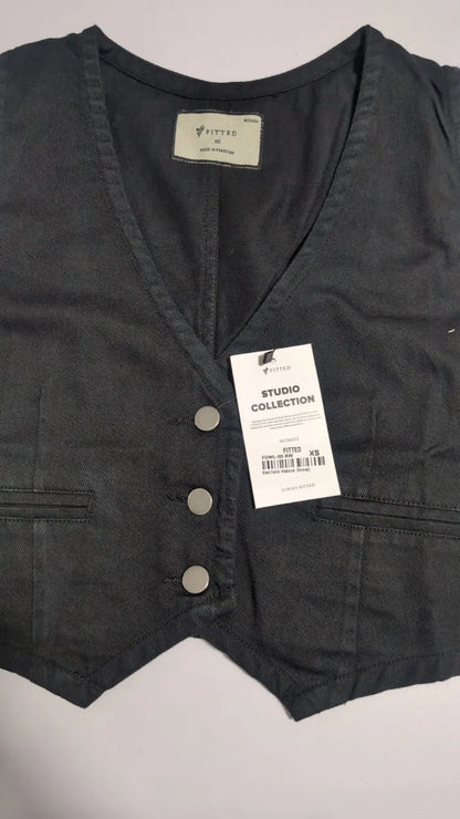 Fitted black V-neck button-front sleeveless vest with flap pockets