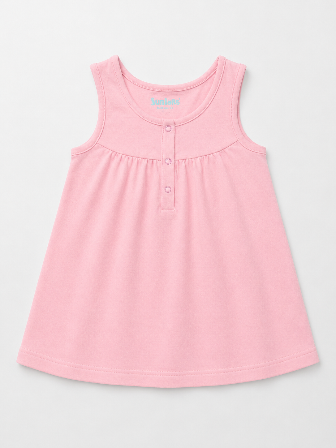 Pink sleeveless baby dress with front button placket and pleated, gathered skirt
