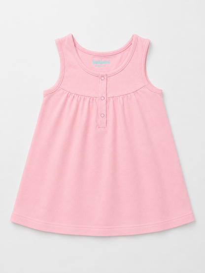Pink sleeveless baby dress with front button placket and pleated, gathered skirt