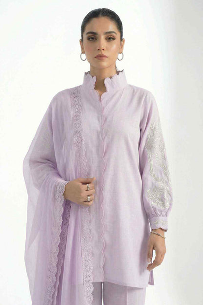 Lilac embroidered kurta with lace neckline and front ruffles, long sleeves, matching pants