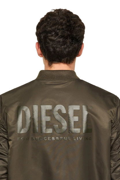 Diesel olive bomber jacket back with large DIESEL logo and 'for successful living'