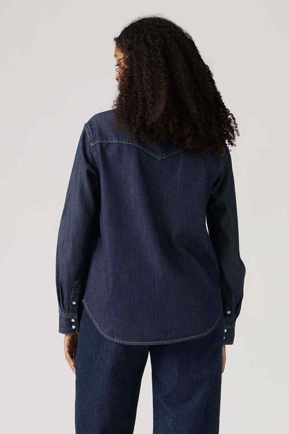 Levi's dark denim shirt back view with yoke seam and curved hem