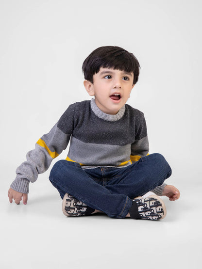 Grey cotton knit sweater with block paneling and yellow stripe, ribbed cuffs