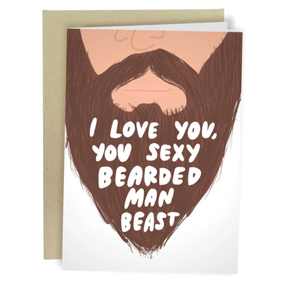Greeting card front with bearded face and playful 'I love you...' text
