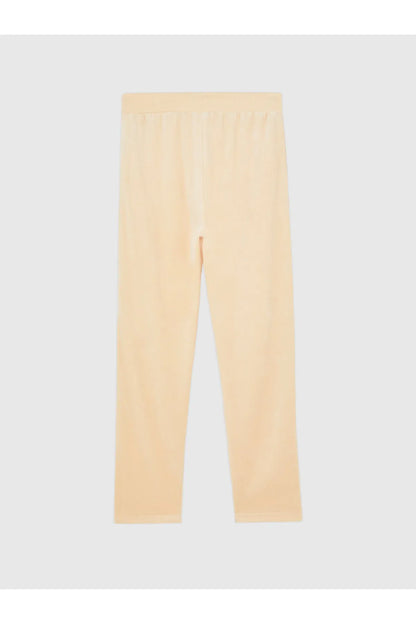 Beige drawstring lounge pants with elastic waist and straight legs