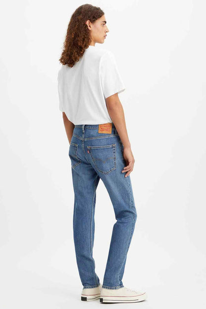 Levi's light blue straight-leg denim jeans seen from the back