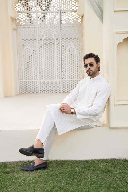 White long kurta tunic with stand collar and minimal geometric embroidery, side pose