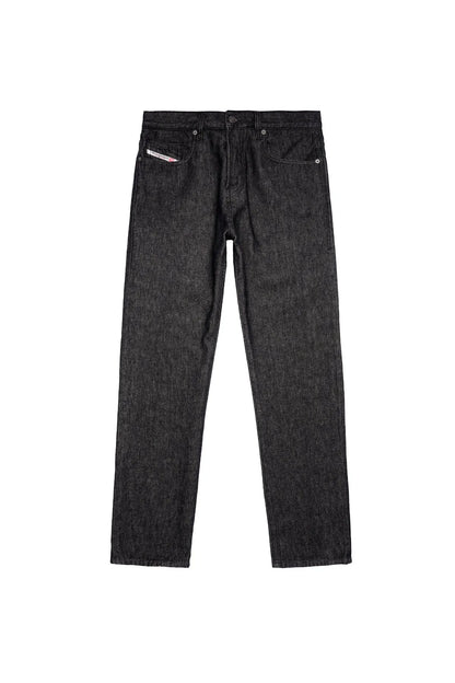 Diesel black denim jeans, flat lay with front button fly and belt loops