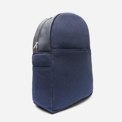 Navy textured backpack with front zip pocket, black side panel trim, single zipper pull