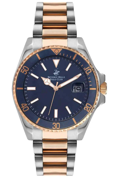 Beverly Hills Polo Club two-tone wristwatch with blue dial and gold-tone bezel, steel band