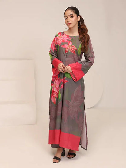 Floral long kurta dress, dark gray with pink floral motifs and red hem border, long sleeves