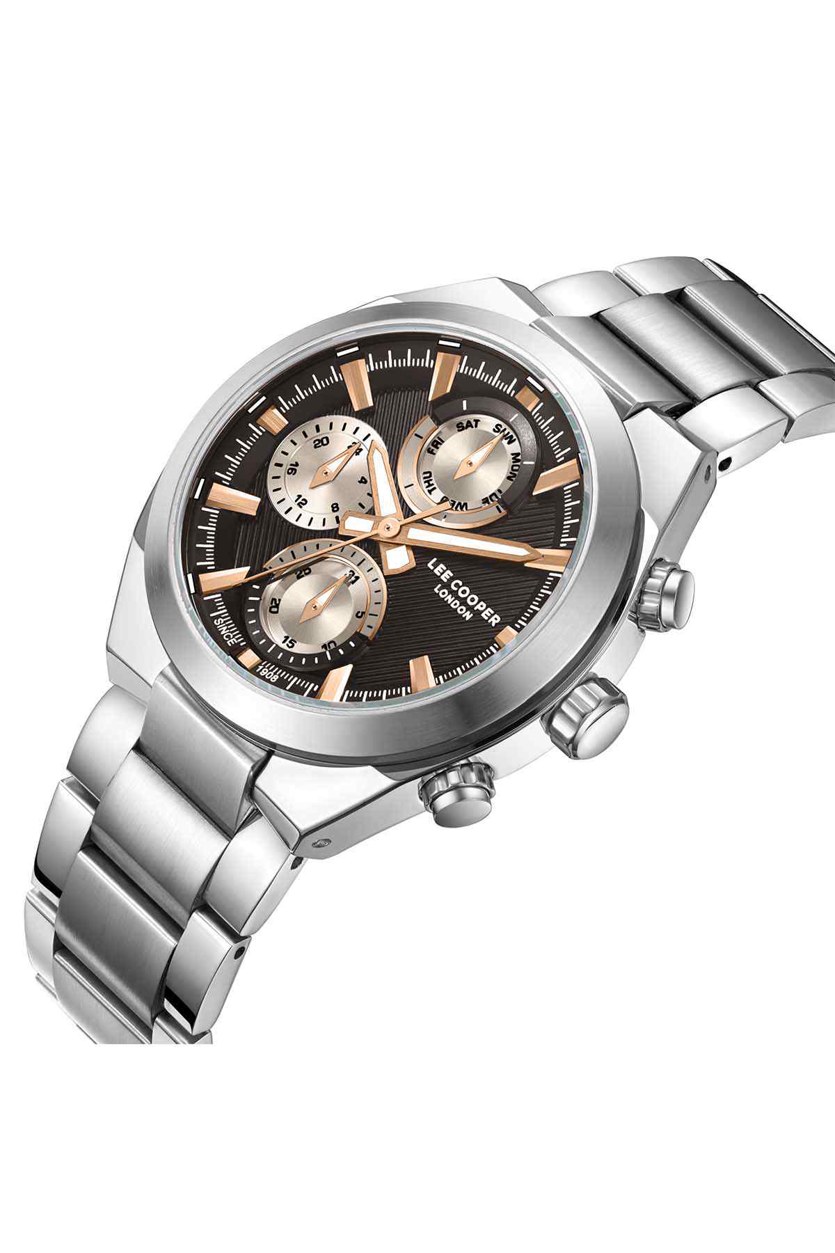 Lee Cooper silver metal wristwatch, angled view, black dial with three subdials