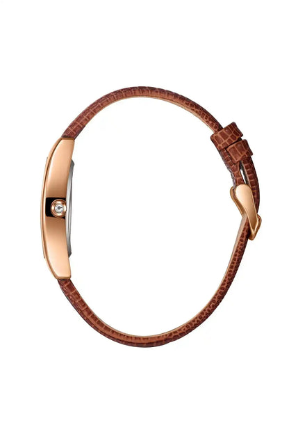 BHPC rose-gold watch case with brown leather strap, side view