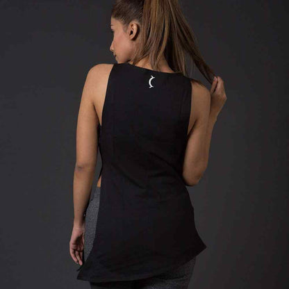 Black sleeveless tank top, open back with small crescent logo