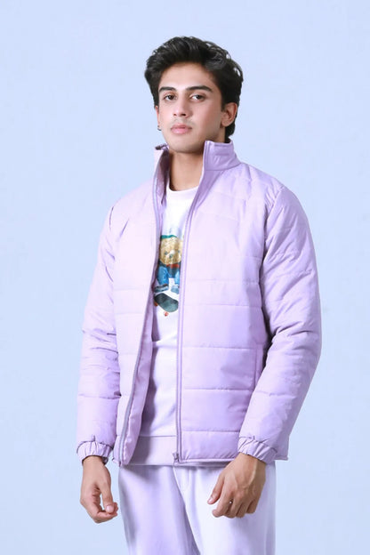 Lavender quilted jacket with front zipper and high collar, worn with matching pants