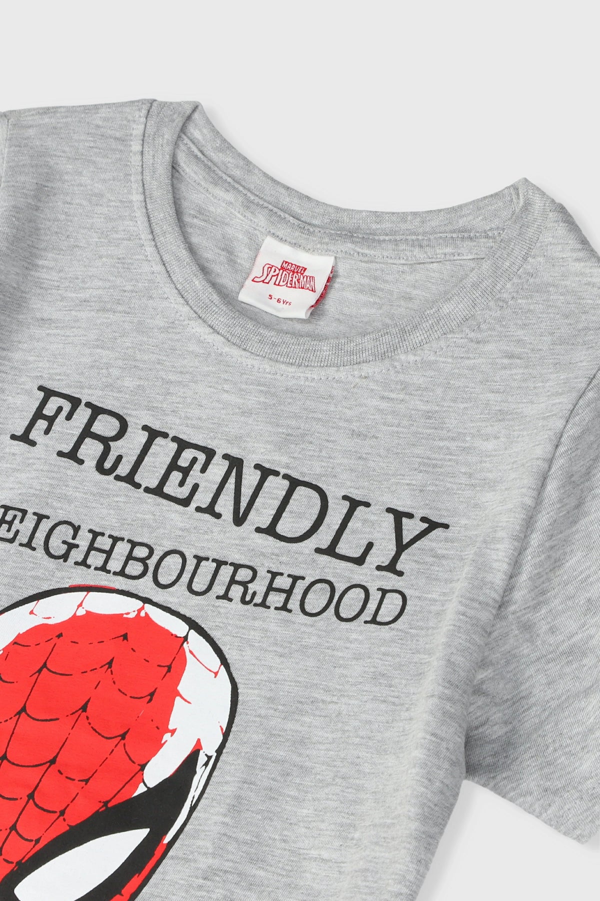 Gray Spider-Man T-shirt with Friendly Neighborhood graphic on chest