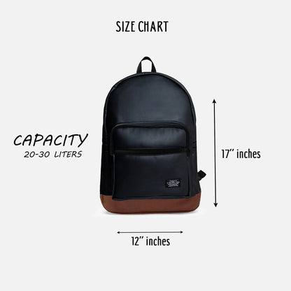 Black and brown backpack size diagram, front view with labeled dimensions