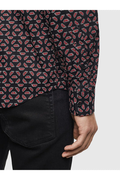 Black patterned button-up shirt with chest pocket and cuff