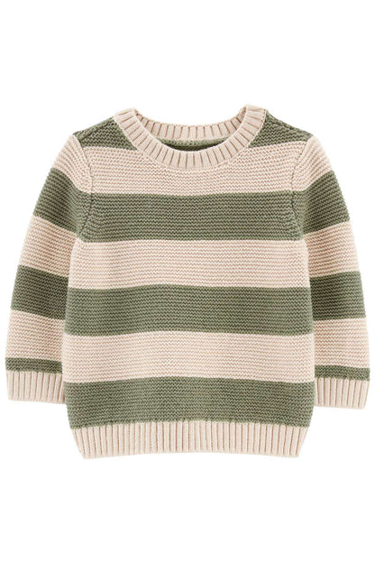 Striped knit sweater, cream and green bands, crew neck, long sleeves