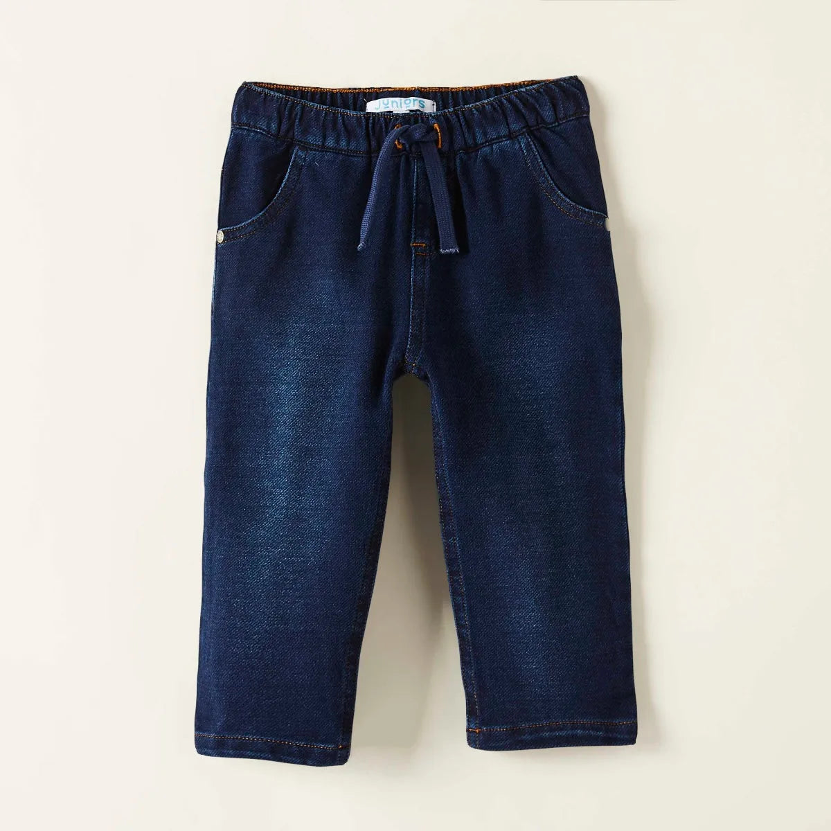 Blue denim baby pants with elastic waist and drawstring, side pockets