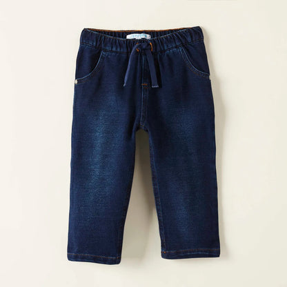 Blue denim baby pants with elastic waist and drawstring, side pockets