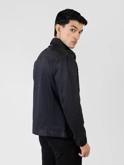 Men's dark cotton zip-up jacket side profile with stand collar