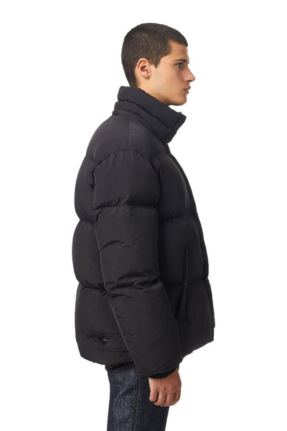 Black puffer jacket with hood, side view, quilted insulation and front zipper