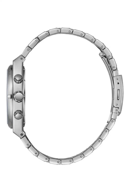 BHPC silver metal wristwatch side view with crown and pushers