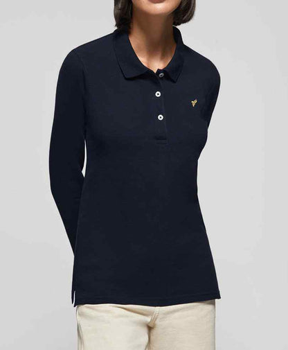 Dark navy fitted long-sleeve polo shirt with 3-button placket and embroidered chest logo