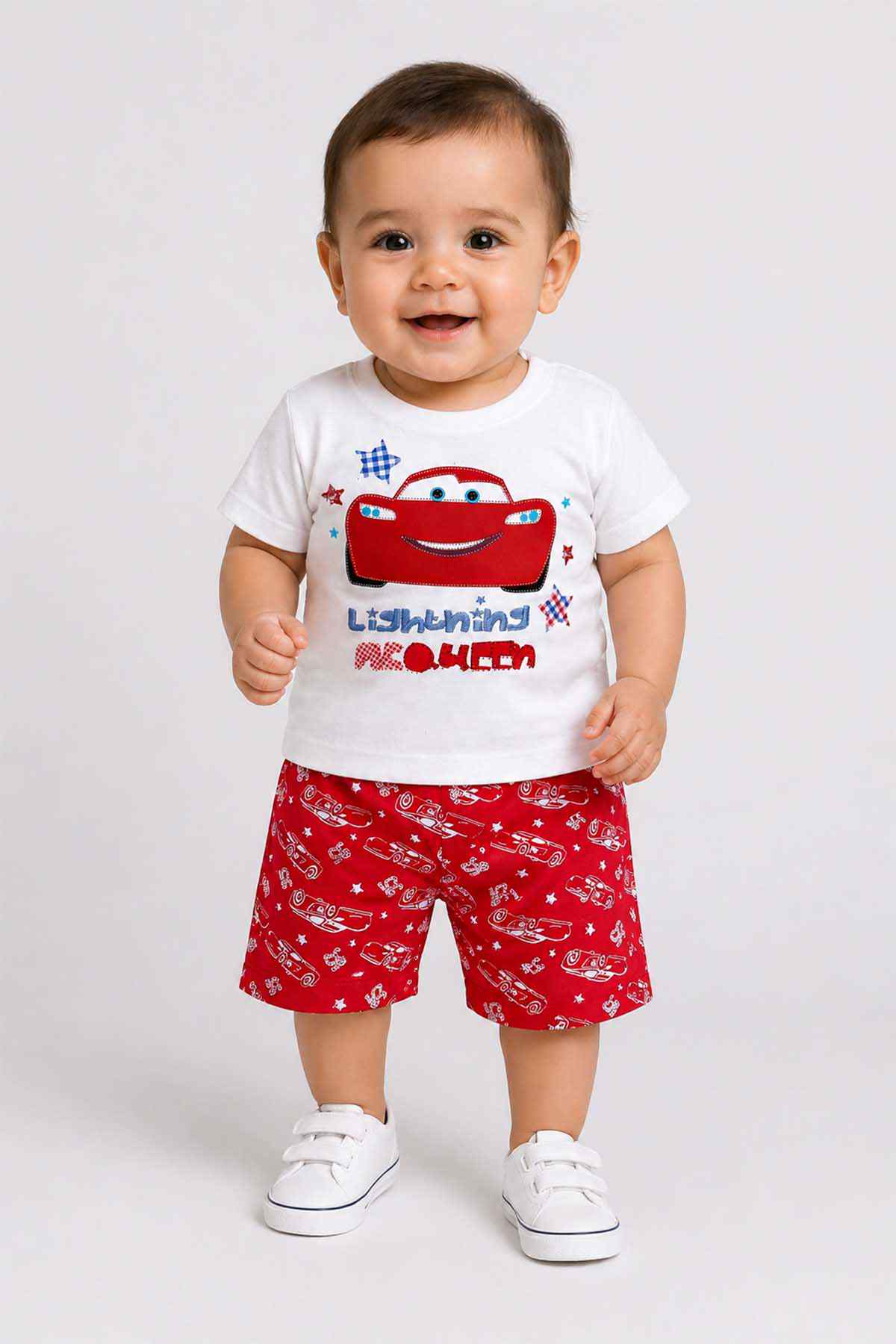 Kids' white graphic T-shirt and red character shorts outfit, front view
